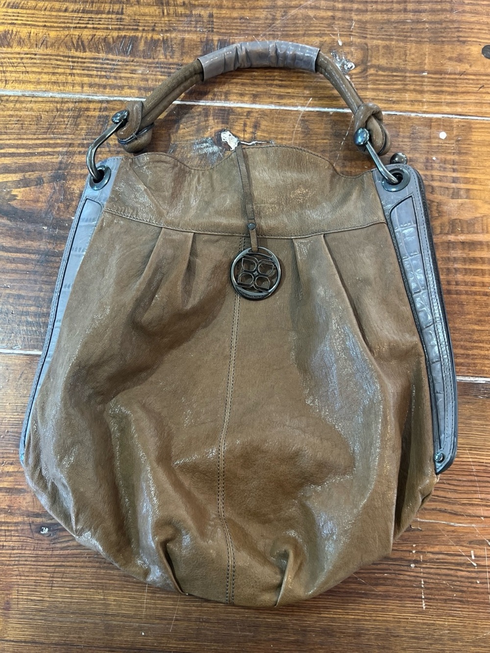 BCBG Max Azaria Classic Brown Leather Hobo Bag with Accent Trim